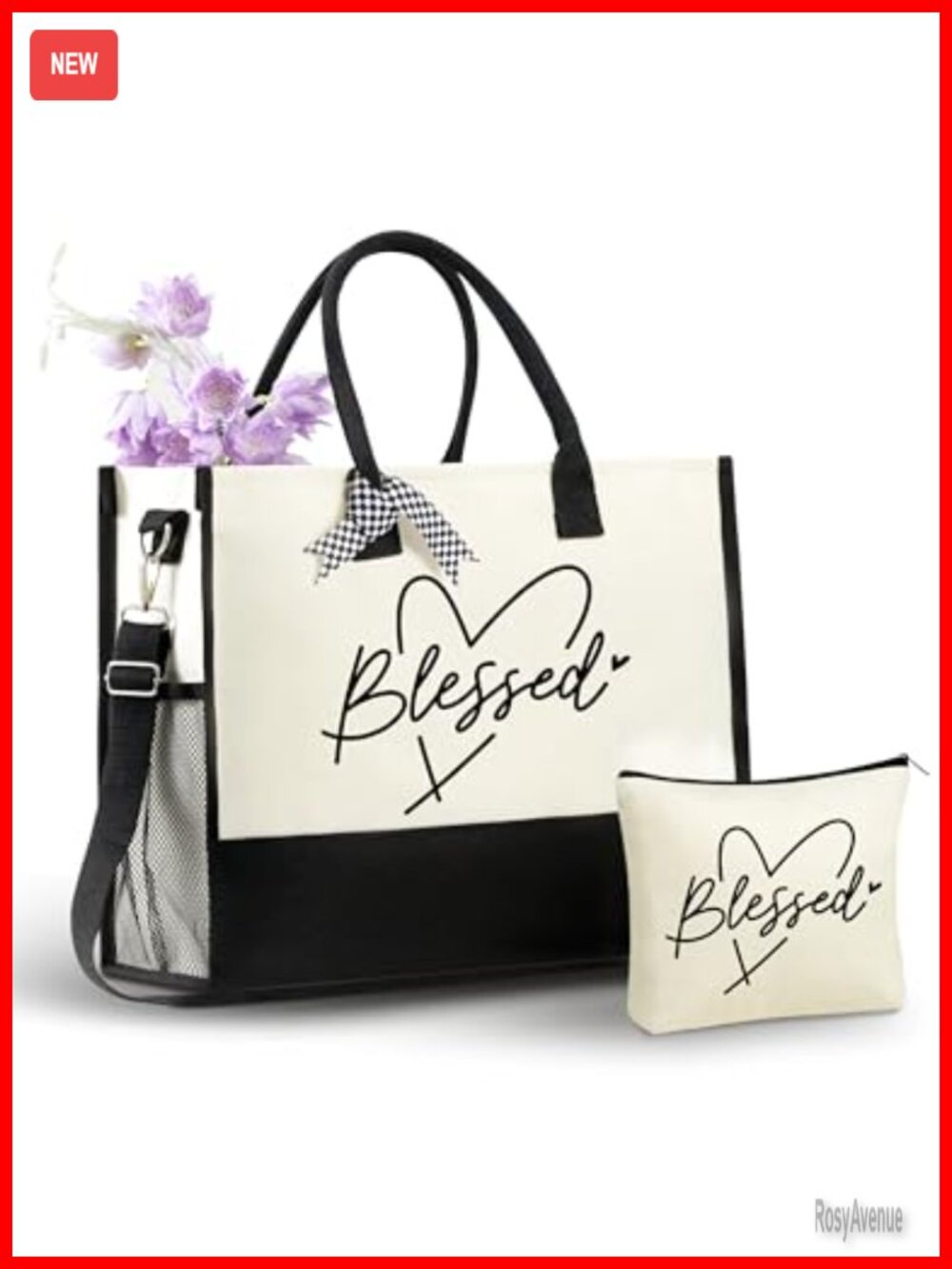 Large Canvas Tote Bag with Zipper Top & Makeup Pouch Set